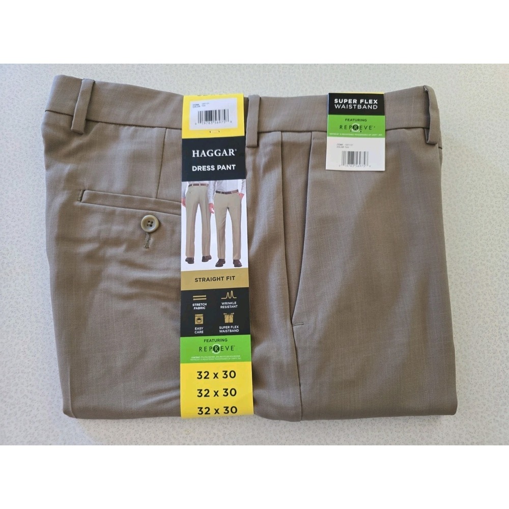 Haggar Men's Dress Pants Straight Fit Tan 32 X30 New With Tags Super Flex Waist